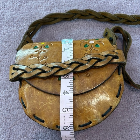 Vtg 70s Tooled Thick Stitch Flower Leather Braided Painted Bohemian Shoulder Bag - Picture 9 of 16